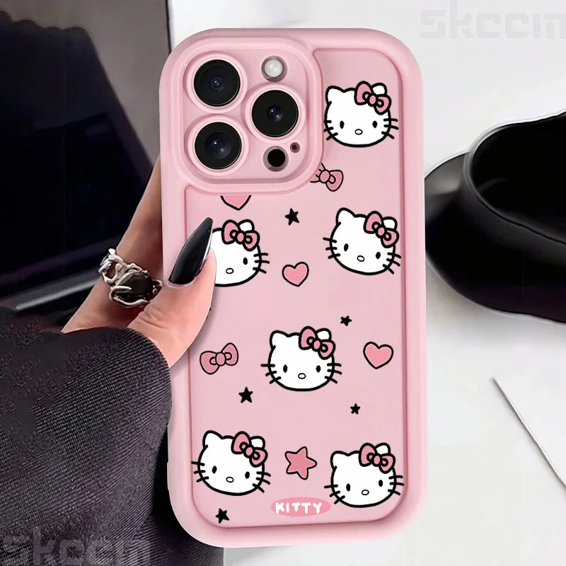 Hello Kitty Love Face Pink Bow Phone Case For iPhone 16 16E 15 14 12 13 11 Pro Max X XR XS 7 8 Plus Y2K Cute Girl Cover