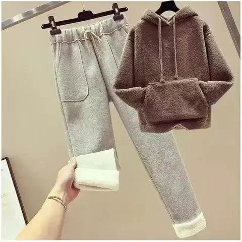 Thickened Lamb Velvet Set Women's Autumn Winter New Embroidery Sweatshirt Women plus Wool Wide Leg Pants Women Two Piece Set