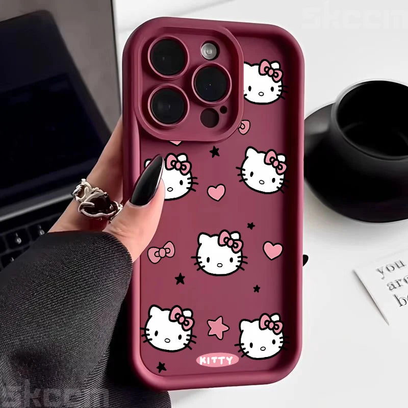 Hello Kitty Love Face Pink Bow Phone Case For iPhone 16 16E 15 14 12 13 11 Pro Max X XR XS 7 8 Plus Y2K Cute Girl Cover