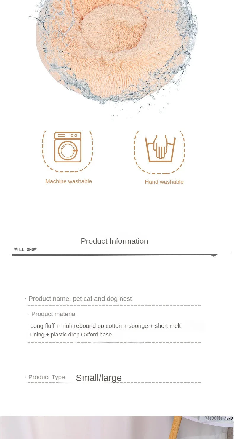 Soft Plush Pet Nest - Warm Washable Round Cat Dog cuddle bed