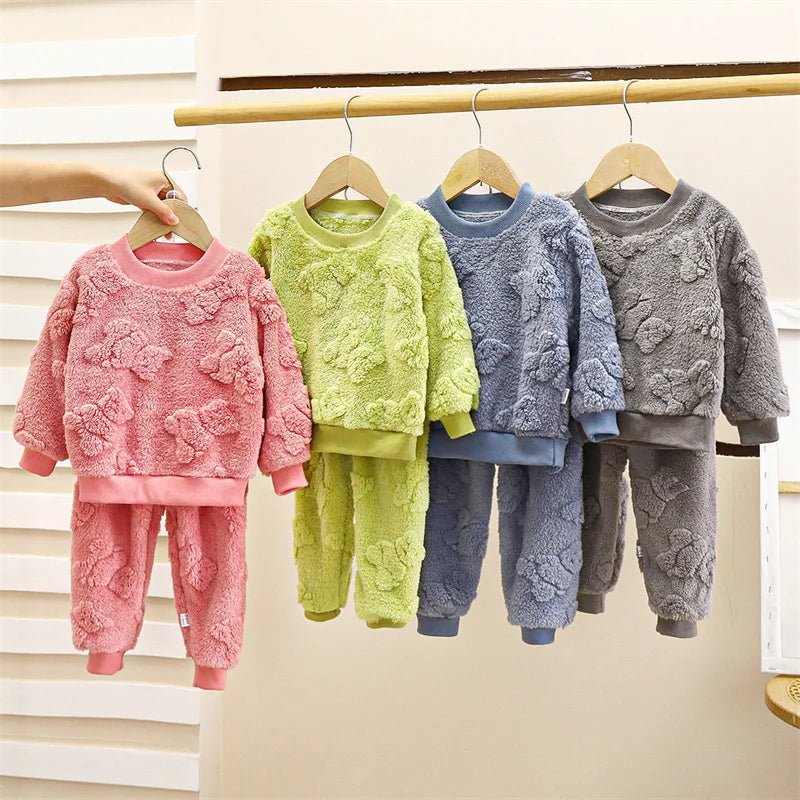 Flannel Boys Girls Sets Kids Thick Warm Pajamas Suit Baby Autumn Winter Long Sleeve Sleepwear+Pants 2pcs Children Fleece Outfits
