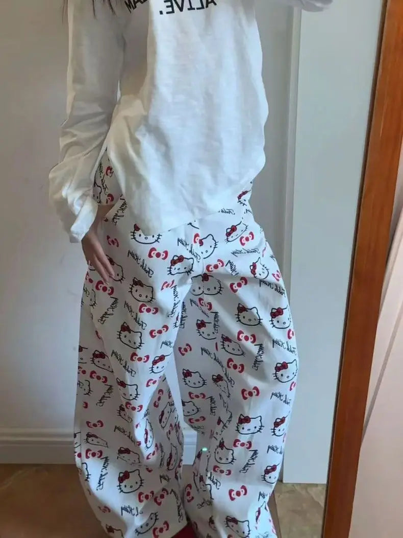 Hello Kitty Print Jeans Women 2025 New Autumn Wide Leg Pants Loose Comfort Trousers Casual Streetwear Vintage Y2K Fashion Trend