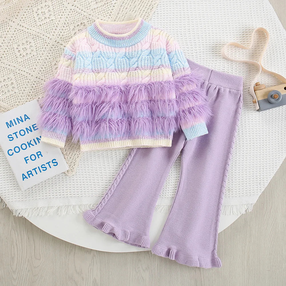 Autumn Winter Children Girls Two-piece Clothes Set Faux Fur Soft Pullover Kniwear Outfits Loose Solid Elastic Waist Falred Pants