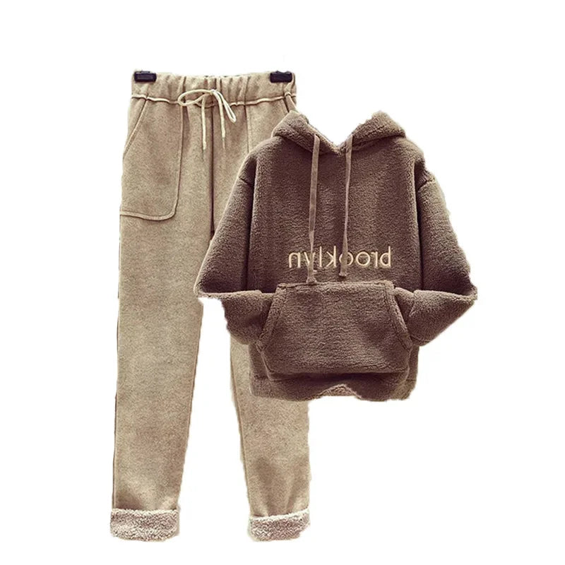 Thickened Lamb Velvet Set Women's Autumn Winter New Embroidery Sweatshirt Women plus Wool Wide Leg Pants Women Two Piece Set