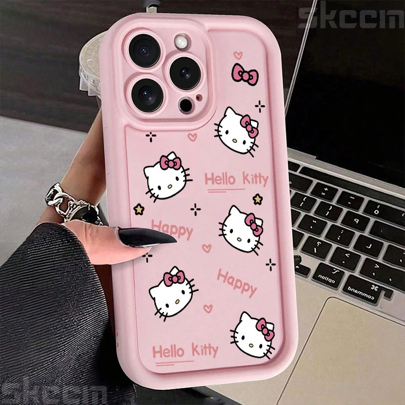 Hello Kitty Love Face Pink Bow Phone Case For iPhone 16 16E 15 14 12 13 11 Pro Max X XR XS 7 8 Plus Y2K Cute Girl Cover