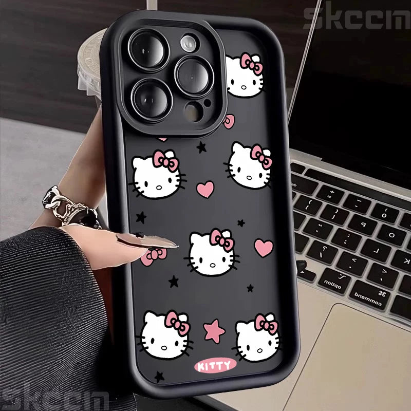 Hello Kitty Love Face Pink Bow Phone Case For iPhone 16 16E 15 14 12 13 11 Pro Max X XR XS 7 8 Plus Y2K Cute Girl Cover