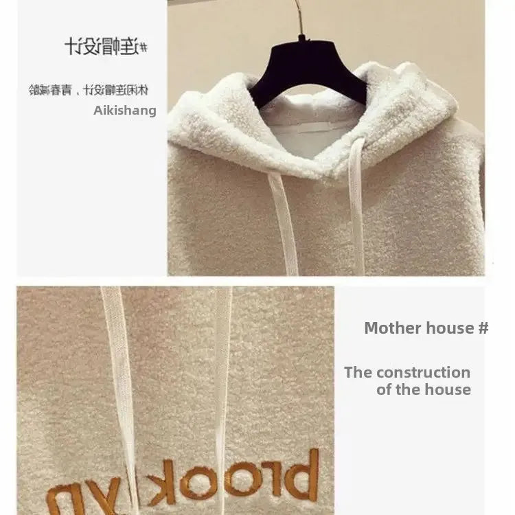 Thickened Lamb Velvet Set Women's Autumn Winter New Embroidery Sweatshirt Women plus Wool Wide Leg Pants Women Two Piece Set