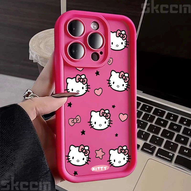 Hello Kitty Love Face Pink Bow Phone Case For iPhone 16 16E 15 14 12 13 11 Pro Max X XR XS 7 8 Plus Y2K Cute Girl Cover