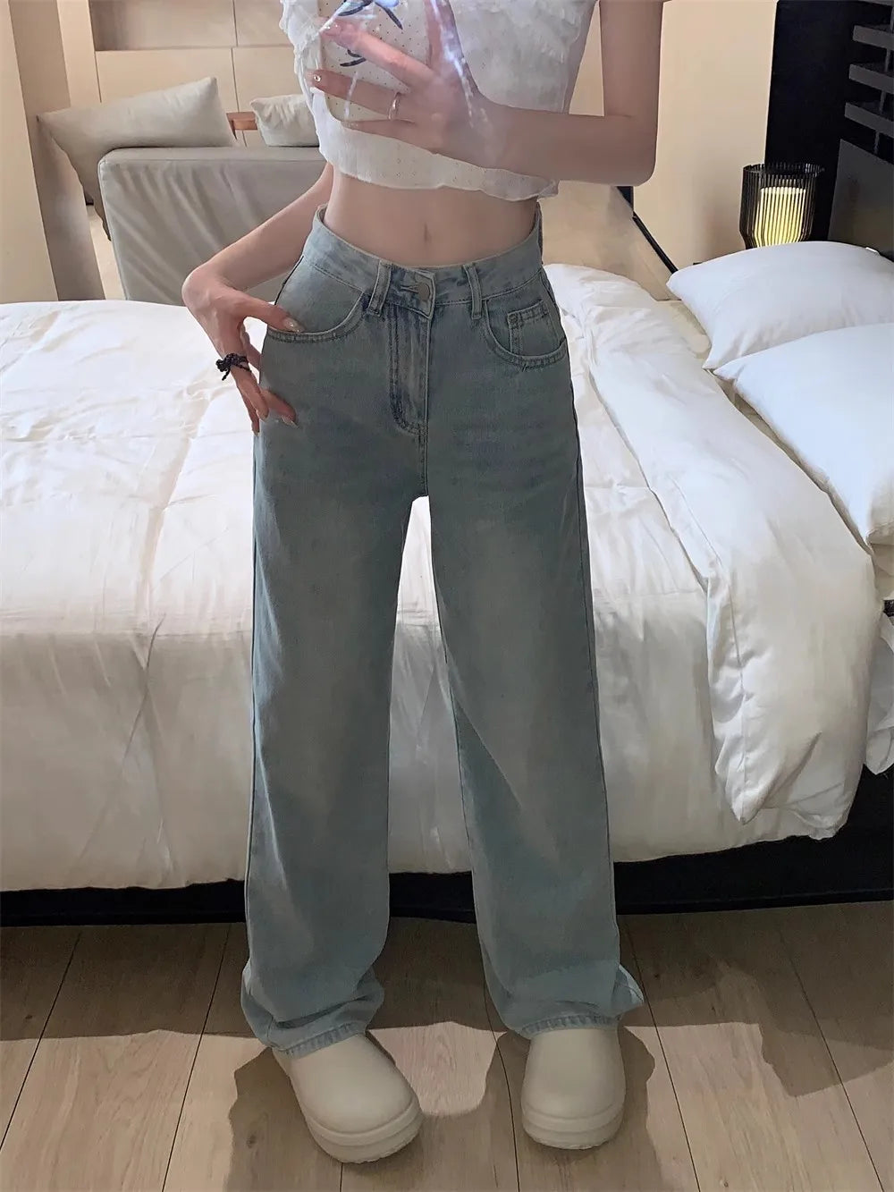 Women's Straight Leg Design Slimming Jeans Loose Fit Wide Leg Hong Kong Style Mm Design Sensibility