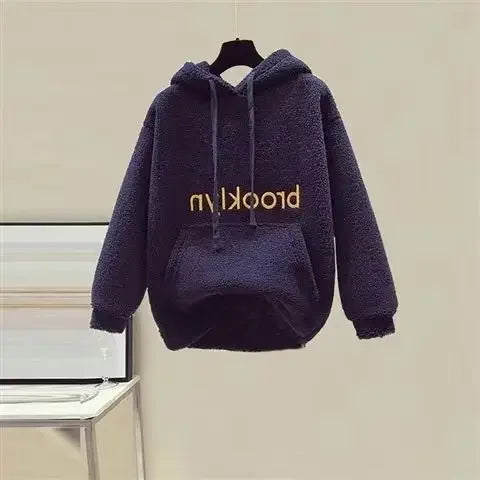 Thickened Lamb Velvet Set Women's Autumn Winter New Embroidery Sweatshirt Women plus Wool Wide Leg Pants Women Two Piece Set