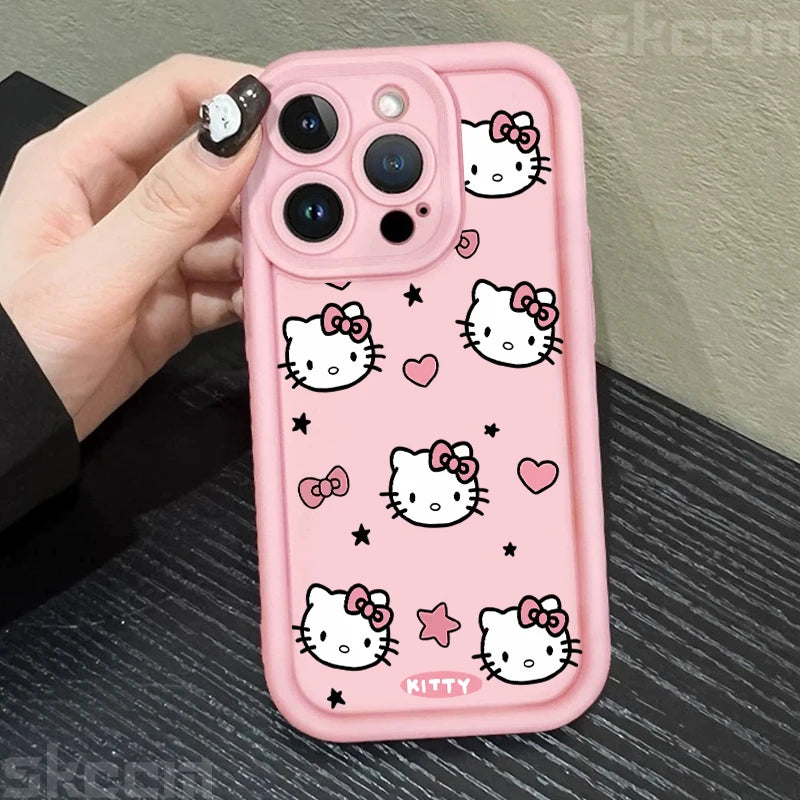 Hello Kitty Love Face Pink Bow Phone Case For iPhone 16 16E 15 14 12 13 11 Pro Max X XR XS 7 8 Plus Y2K Cute Girl Cover