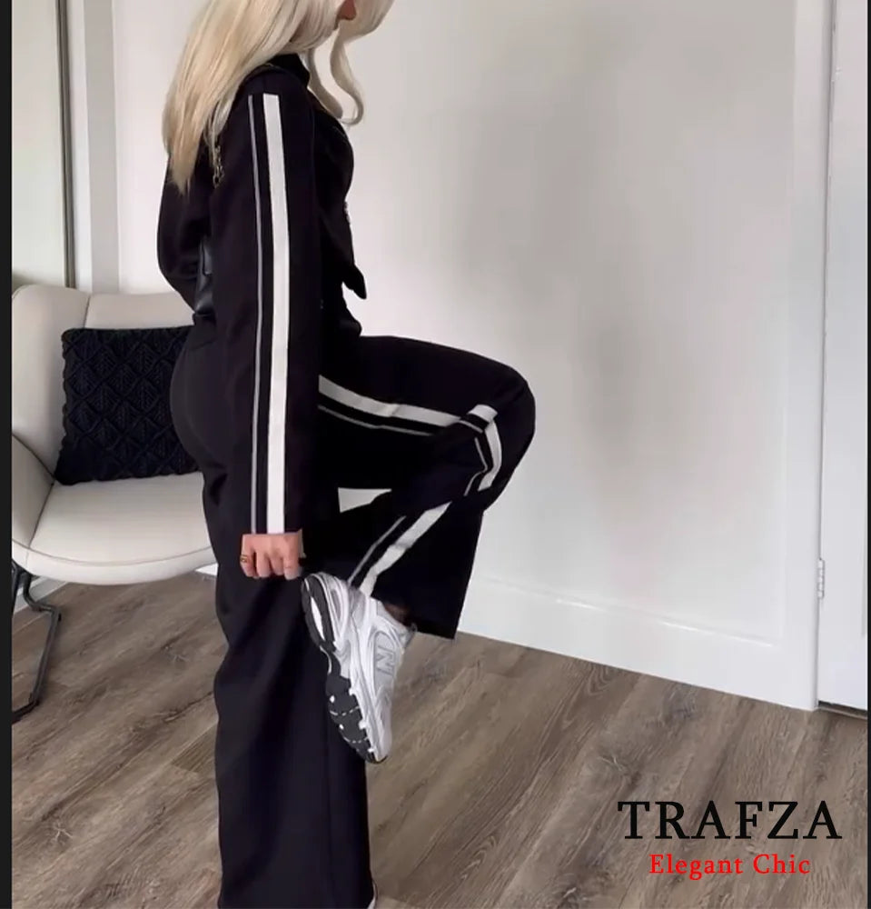 Women Casual Pant Set Side Stripe Jacket  Zipper Jacket Wide Leg Pant 2 Pieces Set New 2025 Spring Fashion Women Suit
