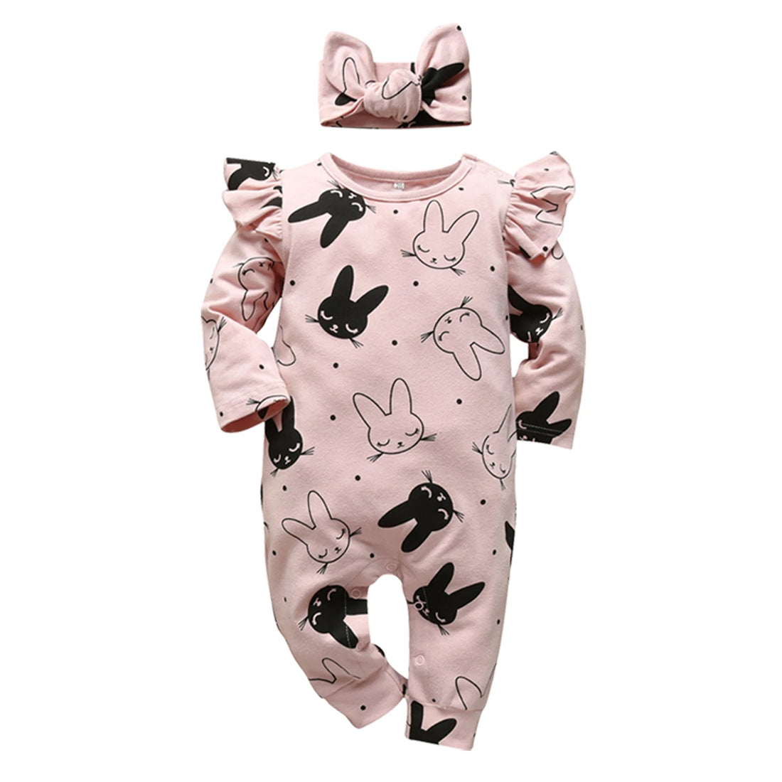 2Pcs Baby Girls Rompers Cartoon Rabbit Pattern Cotton Long Sleeve Jumpsuit+Headband Outfits Set Newborn Infant Clothes