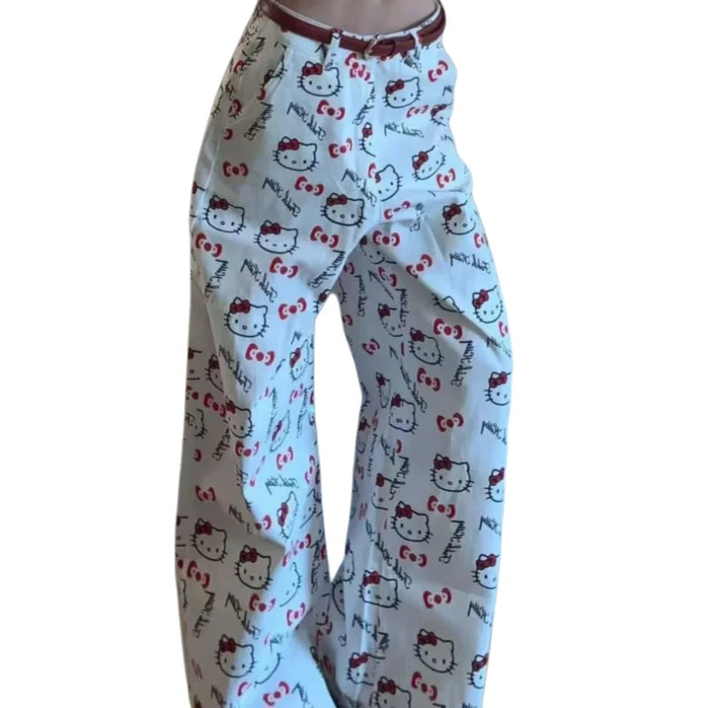 Hello Kitty Print Jeans Women 2025 New Autumn Wide Leg Pants Loose Comfort Trousers Casual Streetwear Vintage Y2K Fashion Trend