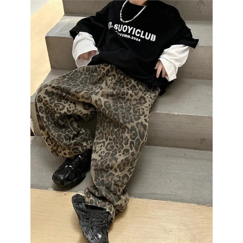 Boys Jeans American Retro Leopard Printed Trousers Loose Elastic Waist Kids Baby Boy Straight Pants