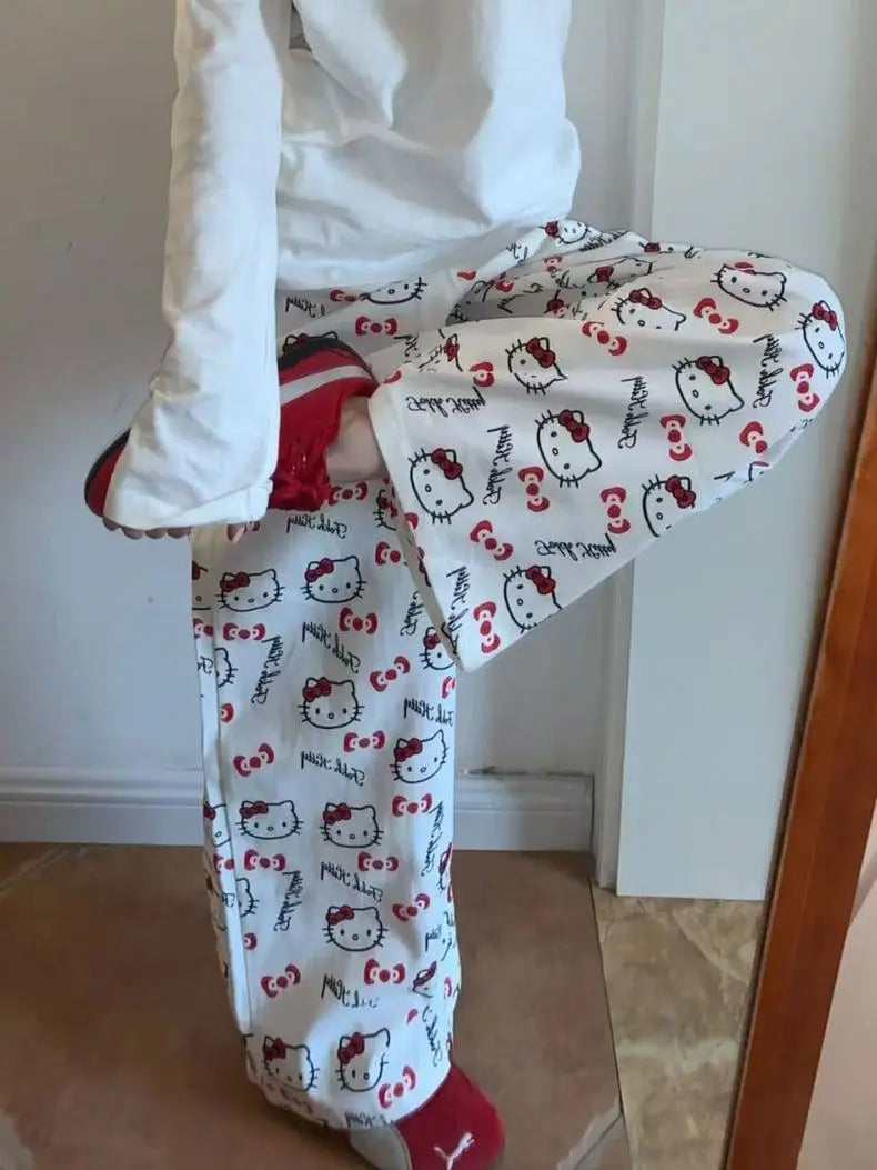 Hello Kitty Print Jeans Women 2025 New Autumn Wide Leg Pants Loose Comfort Trousers Casual Streetwear Vintage Y2K Fashion Trend