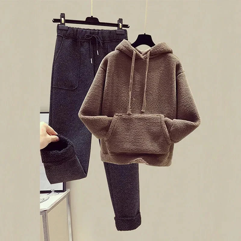 Thickened Lamb Velvet Set Women's Autumn Winter New Embroidery Sweatshirt Women plus Wool Wide Leg Pants Women Two Piece Set