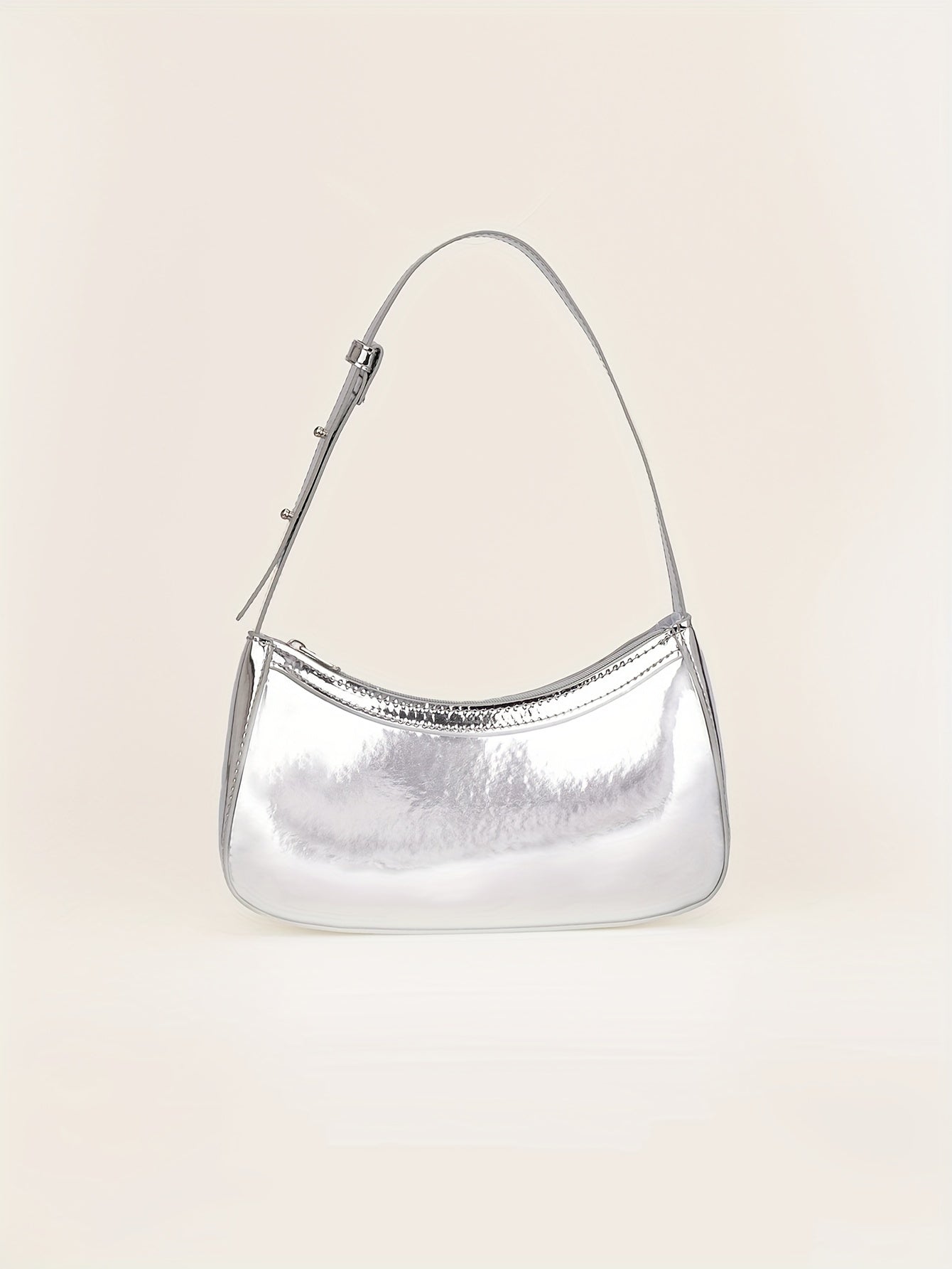 Women'S Minimalist Mirror Finish Silver Shoulder Bag - Lightweight, Zipper Closure, Polyester Lining, Ideal for Casual & Formal Occasions, Casual Shoulder Bag | Minimalist Style | Lightweight Bag