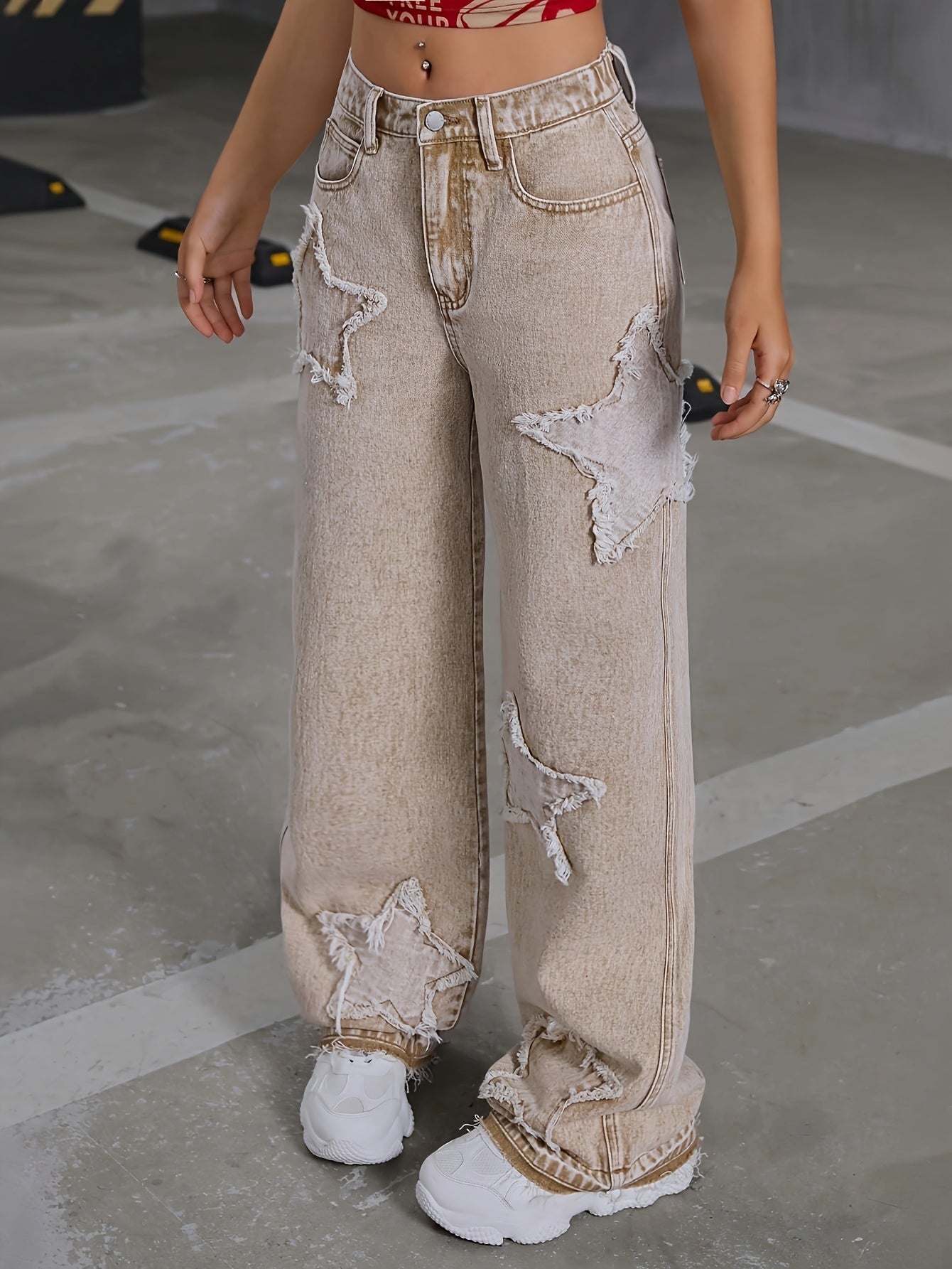 HEY+JEANS Khaki Straight-Leg Jeans with Star-Shaped Ripped Details and Raw Hem, Loose Fit Street Style for Teens, Non-Stretch Denim, Long Length, All-Season Fashion, Zipper Fly Closure, Casual Wear Jeans|Stylish Straight-Leg