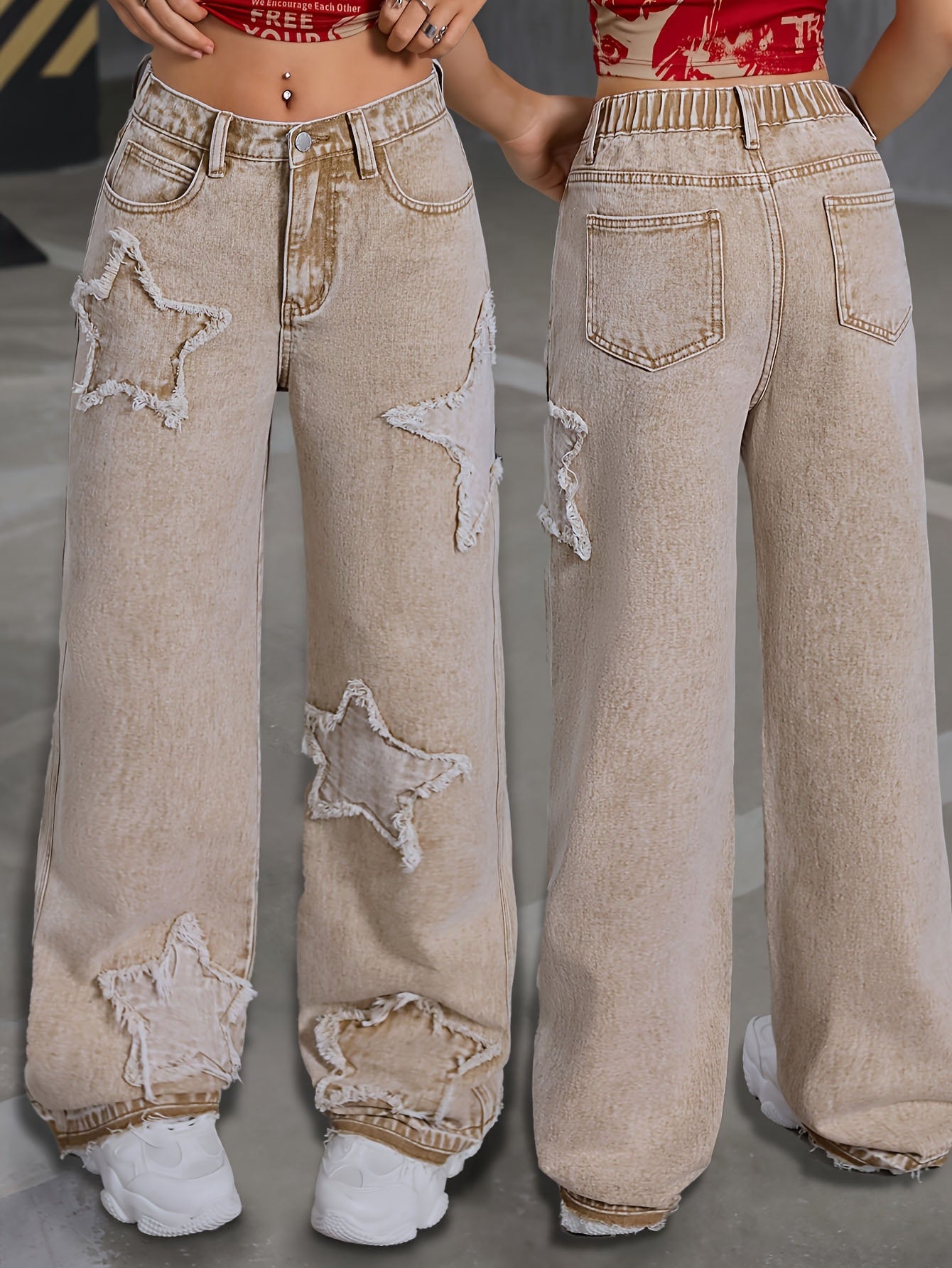 HEY+JEANS Khaki Straight-Leg Jeans with Star-Shaped Ripped Details and Raw Hem, Loose Fit Street Style for Teens, Non-Stretch Denim, Long Length, All-Season Fashion, Zipper Fly Closure, Casual Wear Jeans|Stylish Straight-Leg