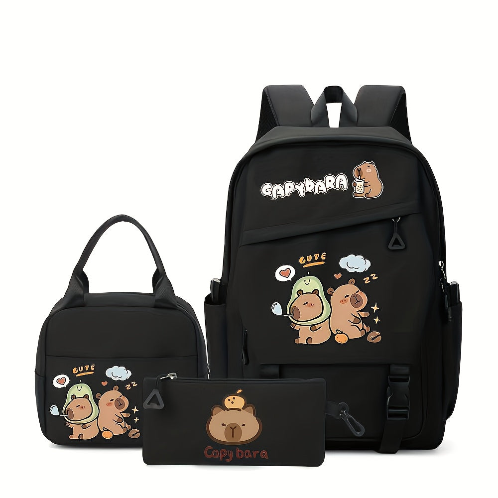 Back-to-School 3pcs Capybara Print Casual Backpack Set: Handbag, Lunch Bag & Pencil Case - Lightweight Nylon with Adjustable Straps and Zipper Closure, Perfect for School Essentials or Travel