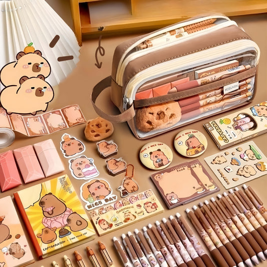43pcs Cute Capybara Pencil Case Set with Dolls, Stickers & Accessories - Spacious Multi-Compartment Organizer, Zipper Closure, School Supplies, Back-to-School Essentials