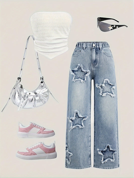 Teen Girls' Light Blue Star-Embellished Faux Denim - Loose Fit Straight-Leg Faux Denim Pants with Elastic Waistband, Unique Geometric Star Pattern, All-Season Casual Wear, No Pockets Design for Comfort & Style, Teenage Fashio