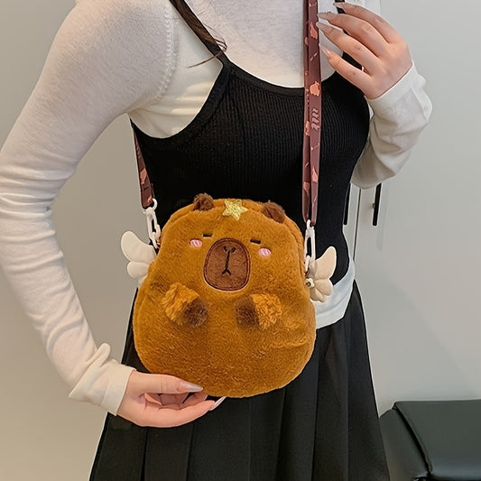 1pc Women'S Cute Capybara Crossbody Bag with Angel Wings & Heart - Plush Cartoon Design, Brown Faux Fur, Zipper Closure, Polyester Lined, Animal-Themed Shoulder Bag for Casual Outings, Cute Crossbody Ba