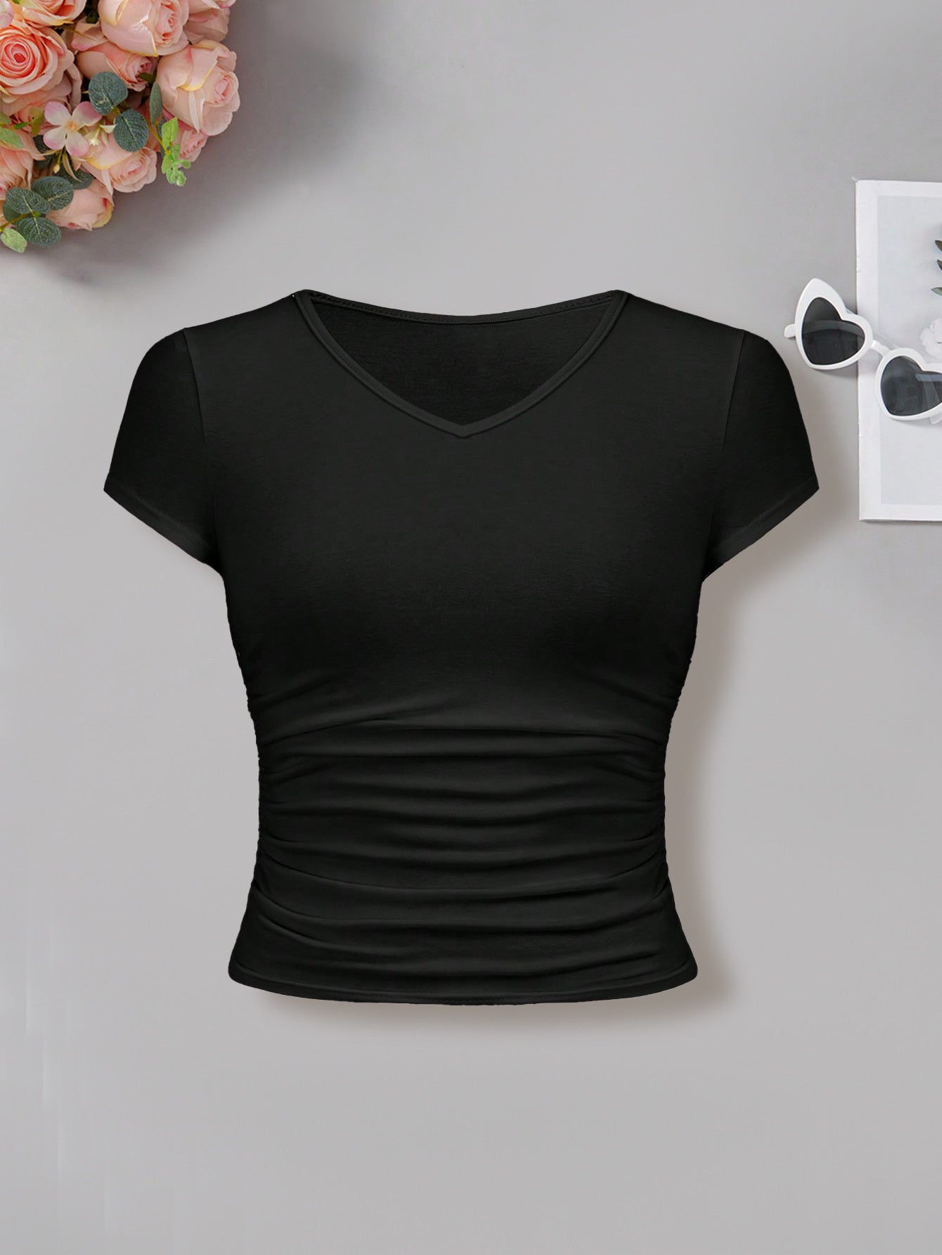 3pcs Set Teen Girl Summer Fashion Sports V-Neck Tight-Fitting Top T-Shirt Outing Versatile Black White Gray Outerwear Clothing, for Teenager