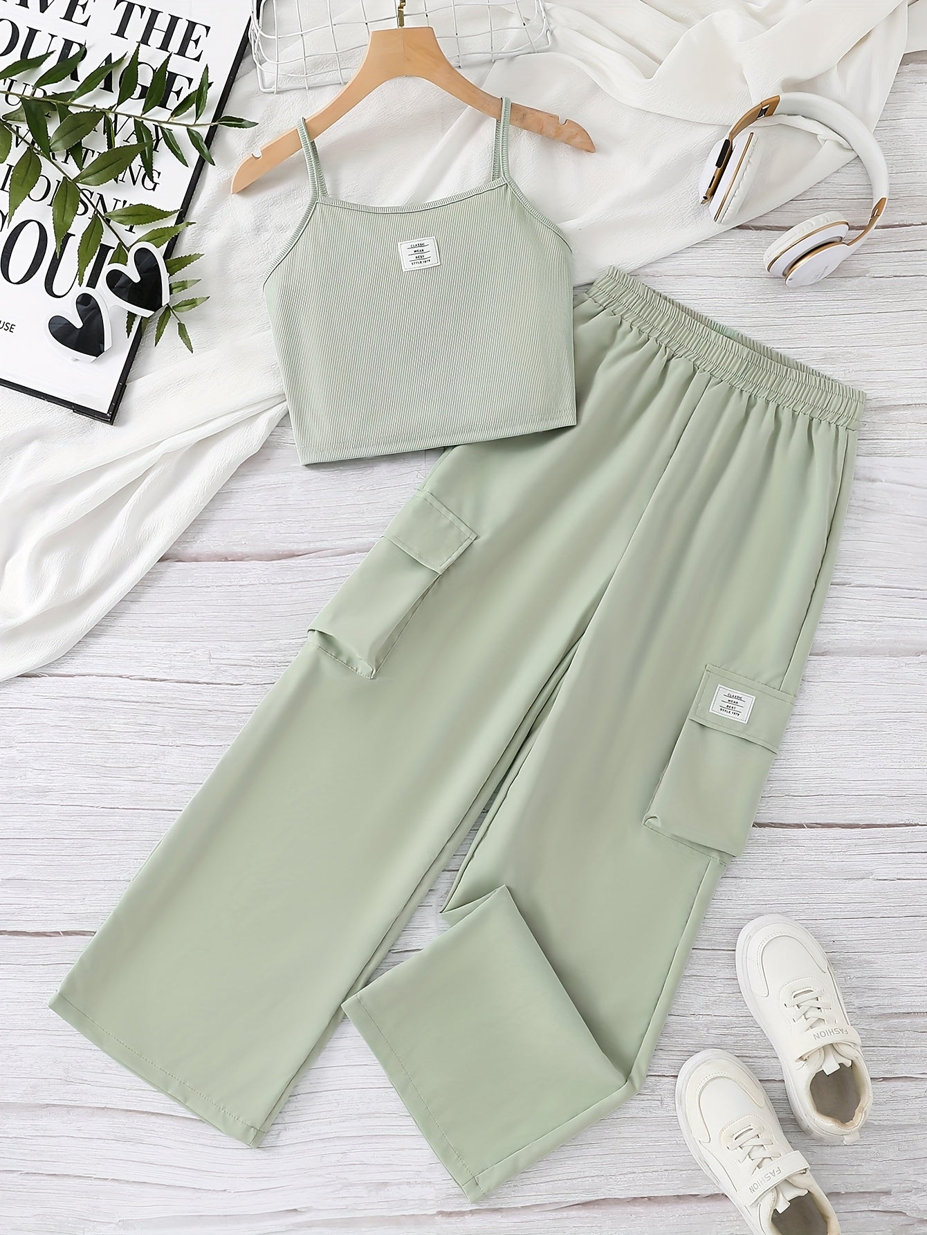 Youth Fashion Casual Design Strapless Top + Elastic Waistband Pocket Cargo Pants Set Two-Piece, Perfect for Outdoor, For Teenager, For Teenager