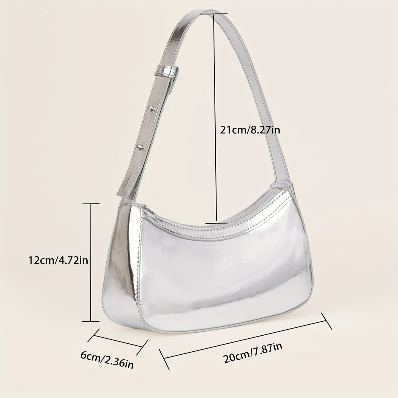 Women'S Minimalist Mirror Finish Silver Shoulder Bag - Lightweight, Zipper Closure, Polyester Lining, Ideal for Casual & Formal Occasions, Casual Shoulder Bag | Minimalist Style | Lightweight Bag