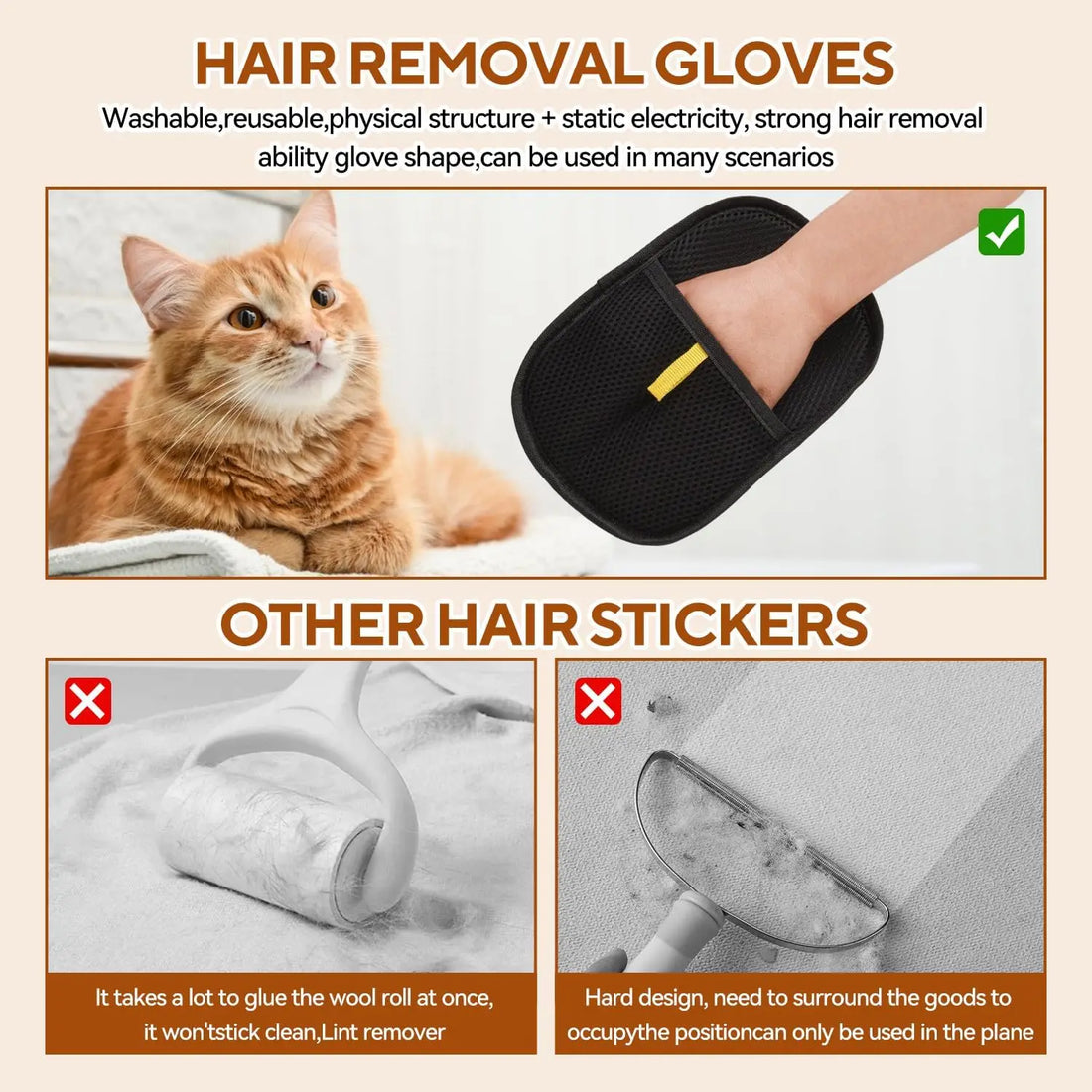 Pet Hair Removal Gloves - Reusable Static Grooming Tool
