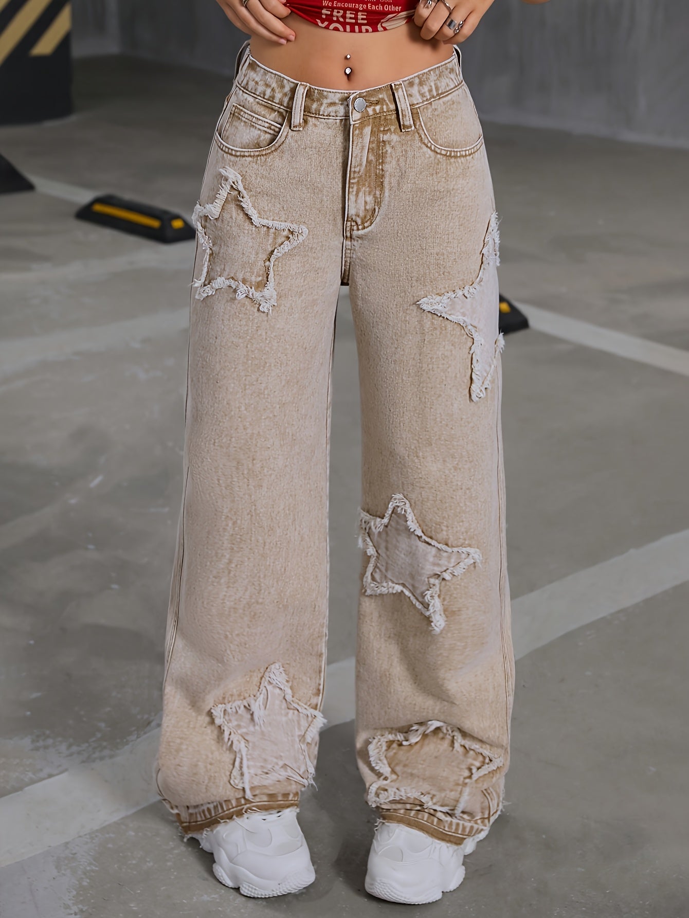 HEY+JEANS Khaki Straight-Leg Jeans with Star-Shaped Ripped Details and Raw Hem, Loose Fit Street Style for Teens, Non-Stretch Denim, Long Length, All-Season Fashion, Zipper Fly Closure, Casual Wear Jeans|Stylish Straight-Leg