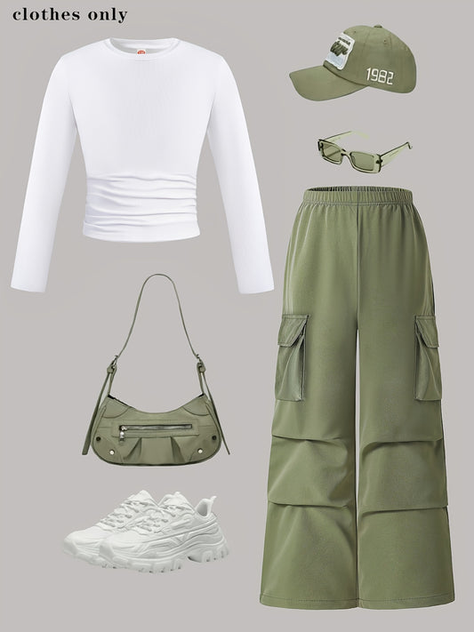 Two-Piece Set - street style Outdoor ´Cool Girls' Fashion Simple Long Sleeve + Cargo Wide-Leg Pants