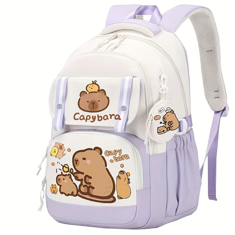 Capybara Casual Backpack | Lightweight Polyester School Bag with Adjustable Straps | Large Capacity | Zip Closure & Front Pocket | Playful Cartoon Design | Ideal for Students, Backpack for School