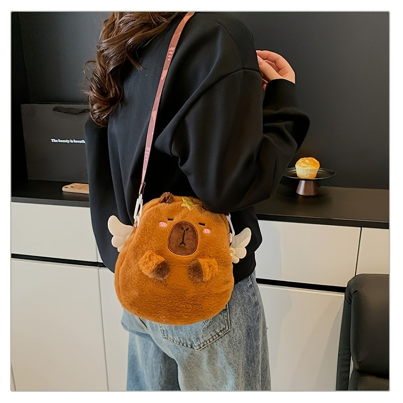 1pc Women'S Cute Capybara Crossbody Bag with Angel Wings & Heart - Plush Cartoon Design, Brown Faux Fur, Zipper Closure, Polyester Lined, Animal-Themed Shoulder Bag for Casual Outings, Cute Crossbody Ba
