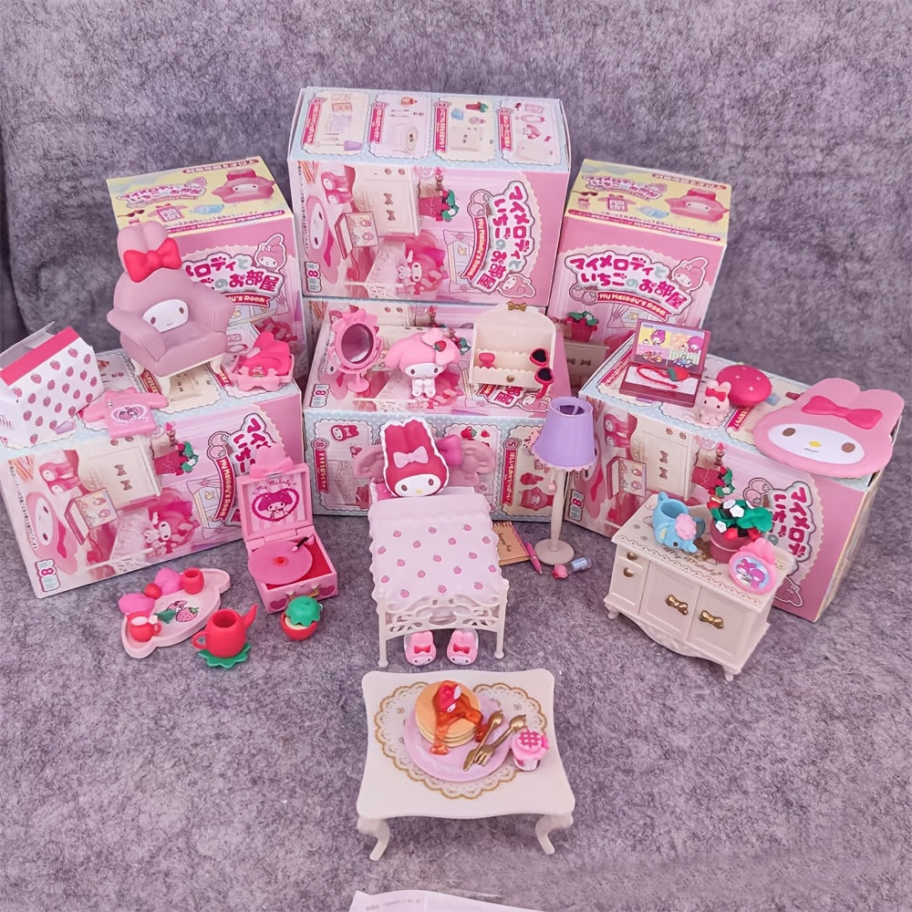Sanrio Melody Cute Miniature Furniture Mystery Box, Mini Adorable Cartoon Design Collectible Toys for Dollhouse Decor, Birthday＆Halloween＆Christmas Gifts