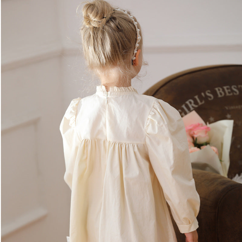 Arrival Autumn Girls Ruffle Neck Long Sleeves Flowers Embroidery Dress-0