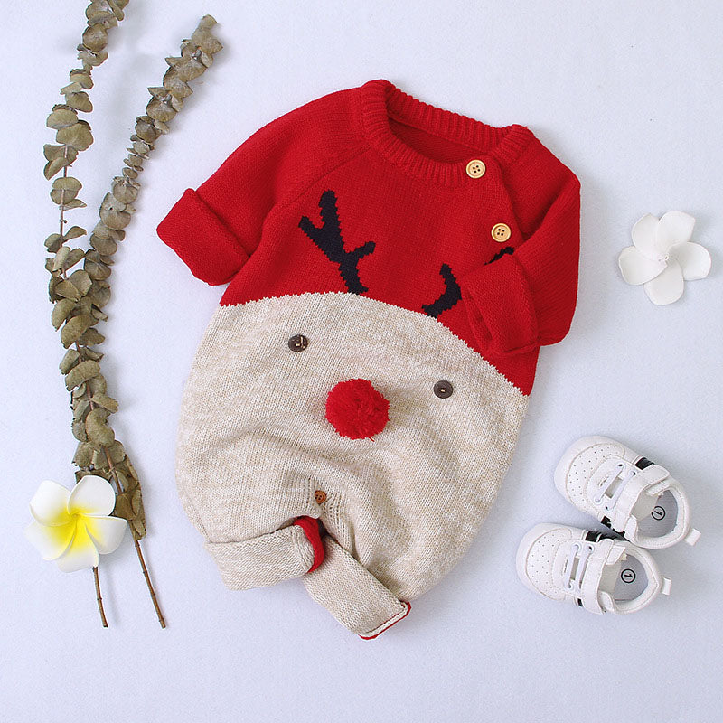 Baby Cartton Pattern Contrast Design Side Button Christmas Knitted Romper-0