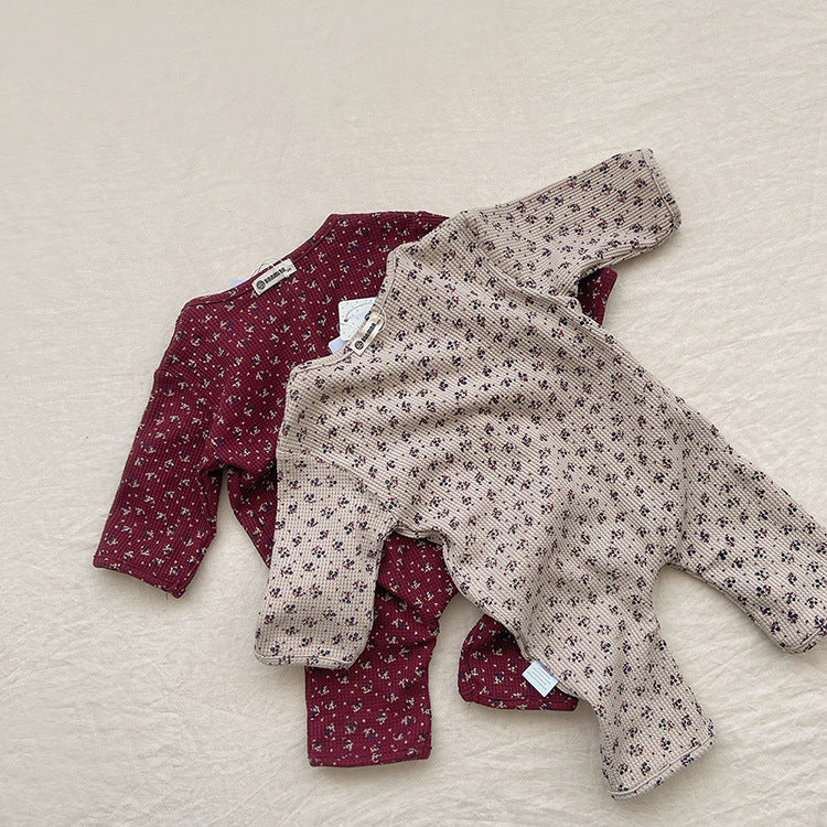 Baby Ditsy Flower Pattern Full Button Design Waffle Knit Rompers-0